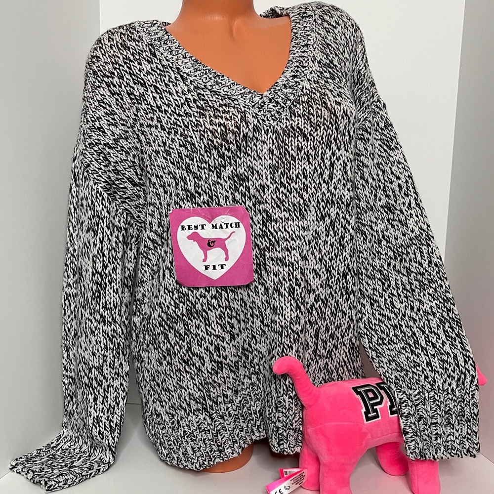 Victoria’s Secret PINK M L Logo Sweater V-Neck Cable Knit Cozy Fuzzy
